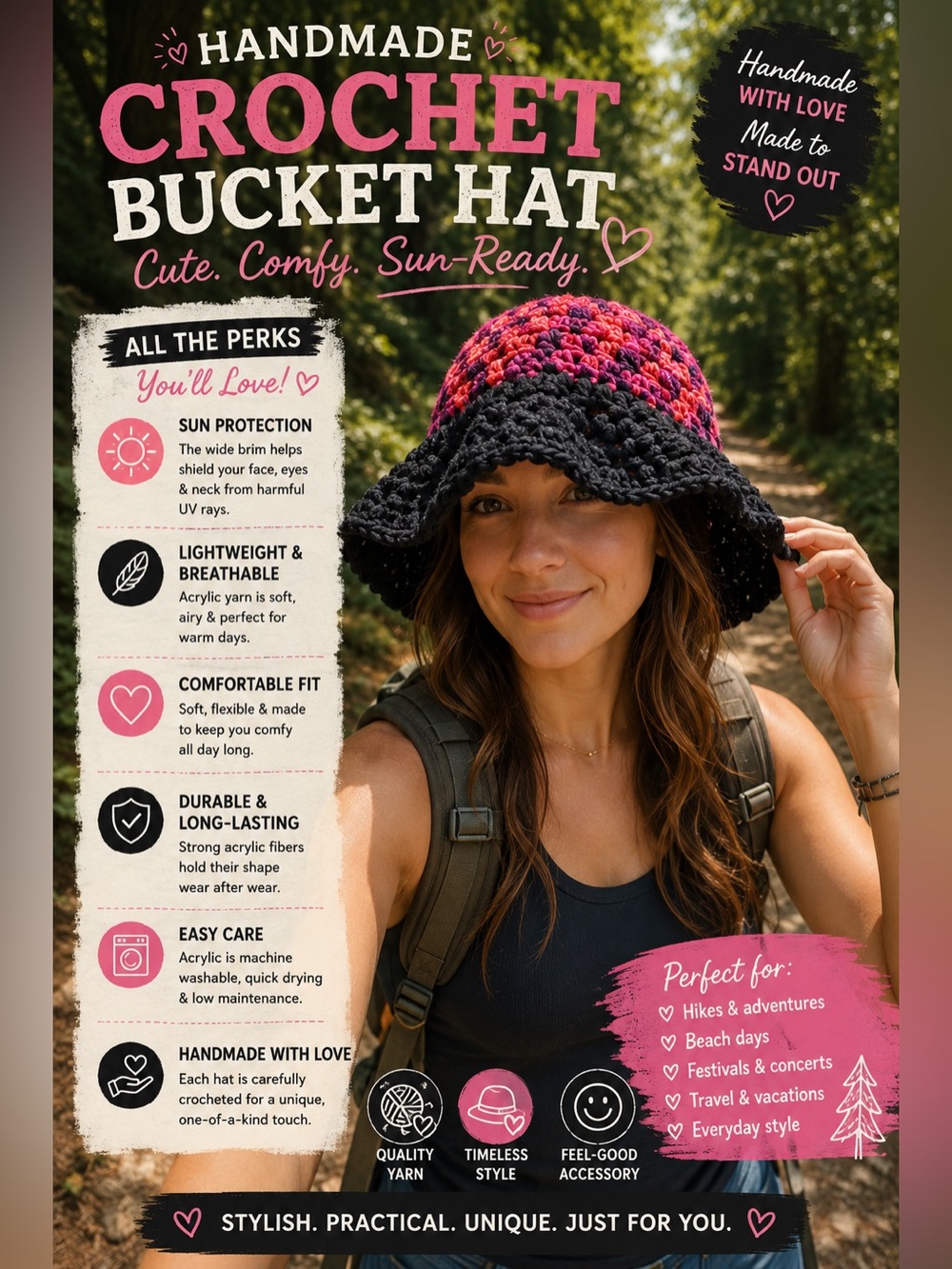 Handmade Crochet Acrylic Bucket Hat | Black & Pink | One Size - Picture 6 of 6